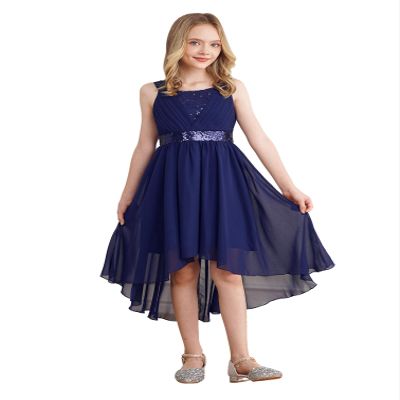 YiZYiF Girls High Low Dress Sequined Junior Bridesmaid Dresses for Wedding Pleated Prom Party Dress Dance Gown Navy Blue 4 Years
