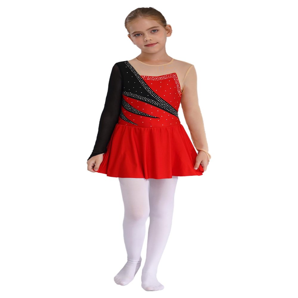Aislor Girls Sparkly Rhinestone Figure Ice Skating Dress Cutout Back Roller Skating Gymnastics Leotard Dance wear Red 16 Years