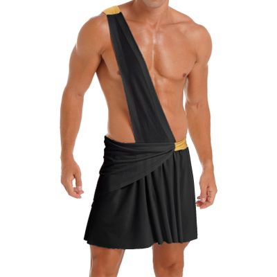 QinCiao Men's Halloween Costume One Shoulder Ancient Greek God Knight Warrior Cosplay Outfits Black Medium