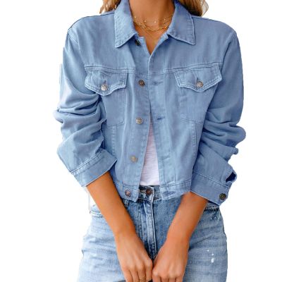 JEsilunmaMY Women's Slimming Jean Jacket Casual Long Sleeve Button Down Short Denim Jacket Solid Color Cropped Trucker Jacket (Blue,Medium)