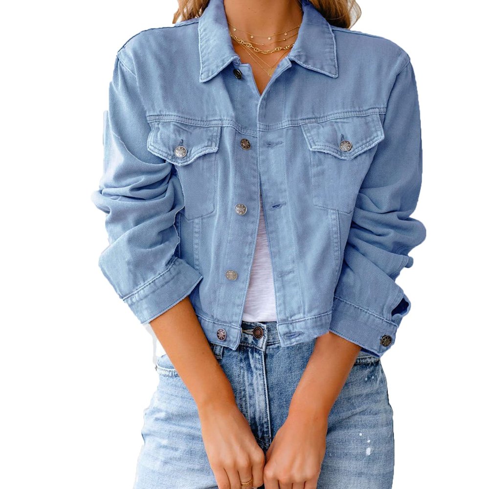 JEsilunmaMY Women's Slimming Jean Jacket Casual Long Sleeve Button Down Short Denim Jacket Solid Color Cropped Trucker Jacket (Blue,Medium)