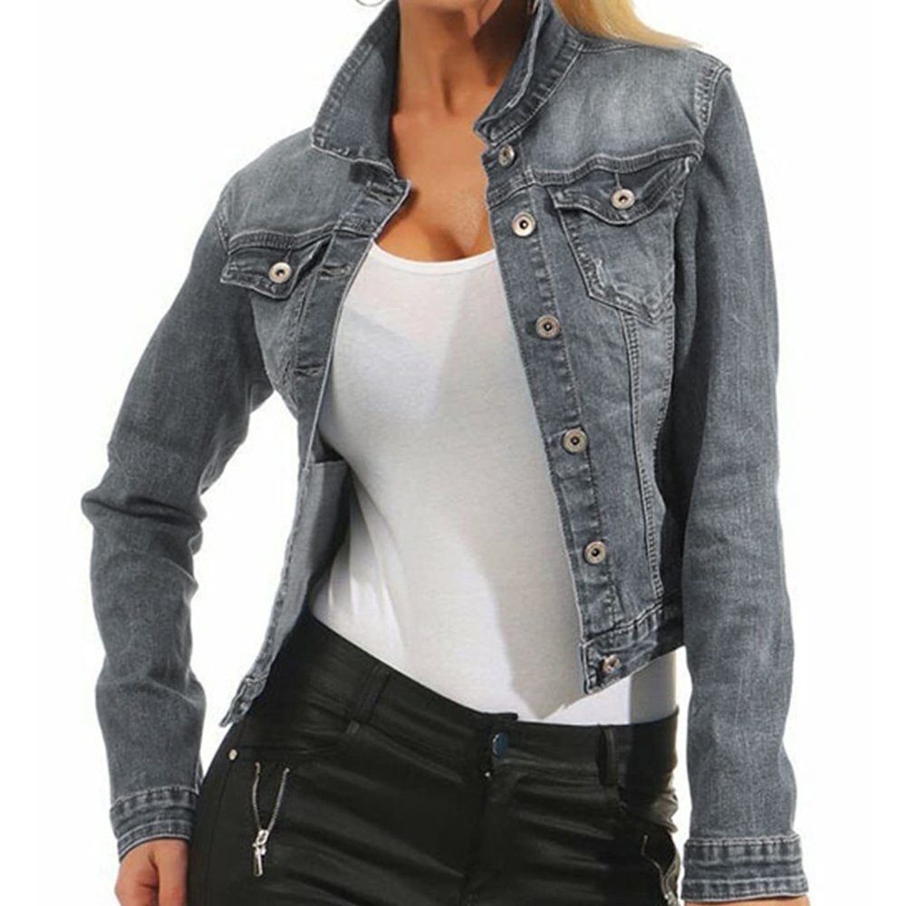 JEsilunmaMY Women's Washed Trucker Jacket Long Sleeve Button Down Casual Jean Jacket Slim Fit Stretchy Denim Shacket Coat (Grey,3X-Large)