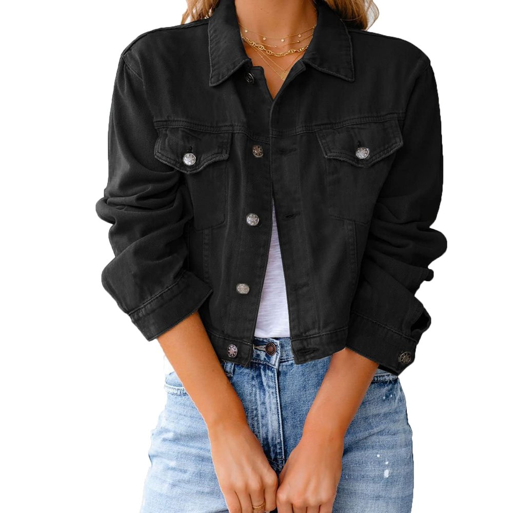 JEsilunmaMY Women's Slimming Jean Jacket Casual Long Sleeve Button Down Short Denim Jacket Solid Color Cropped Trucker Jacket (Black,XX-Large)