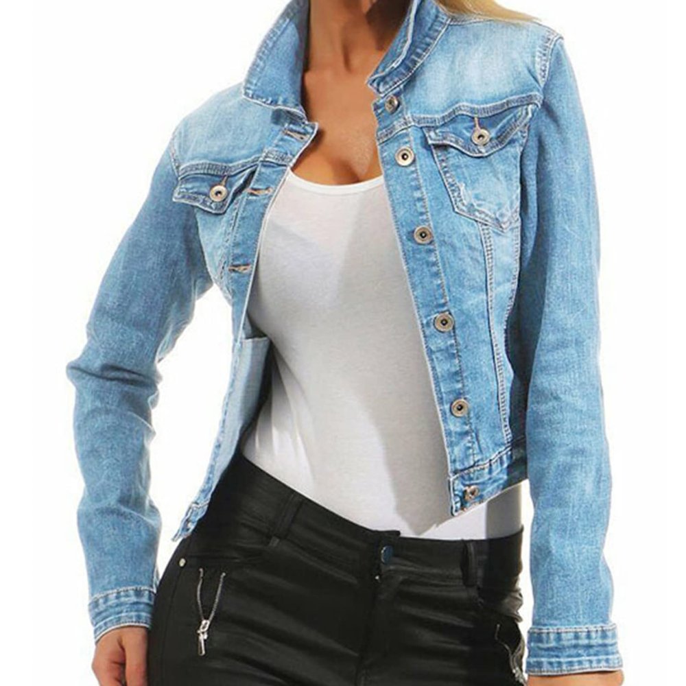 JEsilunmaMY Women's Washed Trucker Jacket Long Sleeve Button Down Casual Jean Jacket Slim Fit Stretchy Denim Shacket Coat (Light Blue,Small)
