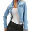 JEsilunmaMY Women's Washed Trucker Jacket Long Sleeve Button Down Casual Jean Jacket Slim Fit Stretchy Denim Shacket Coat (Light Blue,Small) view 1