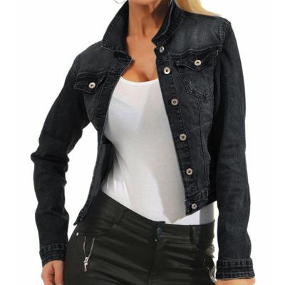 JEsilunmaMY Women's Washed Trucker Jacket Long Sleeve Button Down Casual Jean Jacket Slim Fit Stretchy Denim Shacket Coat (Black,X-Large)