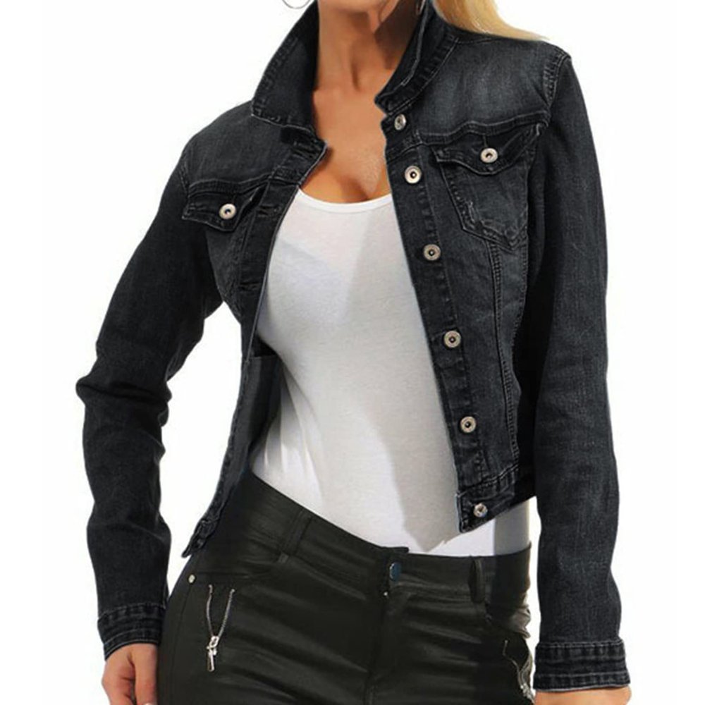 JEsilunmaMY Women's Washed Trucker Jacket Long Sleeve Button Down Casual Jean Jacket Slim Fit Stretchy Denim Shacket Coat (Black,X-Large)