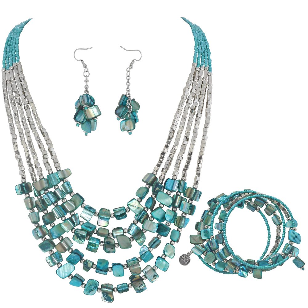 Firstmeet Bohemian Multi-Layer Shell Beaded Necklace With Earrings Bracelet Seed Bead Irregular Costume Jewelry for Women(XL-1201-Sky Blue Set)