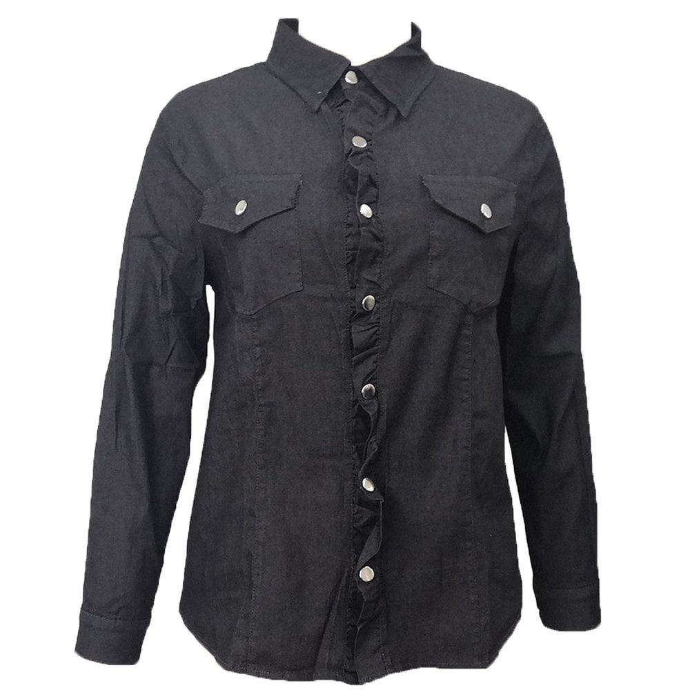 Vintage Jean Jacket for Women Long Sleeve Button Down Casual Denim Coat Slim Fit Lapel Boyfriend Trucker Jackets (Black,Small)