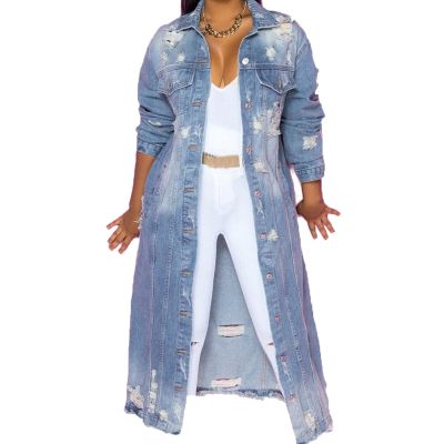 JEsilunmaMY Plus Size Jean Jacket for Women Long Sleeve Button Down Loose Denim Coat Loose Oversized Distressed Trench Coats (Light Blue,Small)