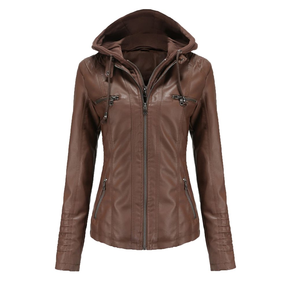 JEsilunmaMY Women's Leather Jacket with Removable Hooded Full Zip Long Sleeve Moto Biker Coat Plus Size Motorcycle Jackets (Brown,Small)