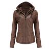 JEsilunmaMY Women's Leather Jacket with Removable Hooded Full Zip Long Sleeve Moto Biker Coat Plus Size Motorcycle Jackets (Brown,Small) view 1