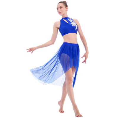 Lyrical Dance Costumes for Women 2 Piece Adult Modern Contemporary Dancewear Sequin Cut Out Tank Crop Top High Low Mesh Tulle Flowy Leotard Skirt Ice Skating Ballroom Ballet Outfit Royal Blue S