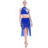 Lyrical Dance Costumes for Women 2 Piece Adult Modern Contemporary Dancewear Sequin Cut Out Tank Crop Top High Low Mesh Tulle Flowy Leotard Skirt Ice Skating Ballroom Ballet Outfit Royal Blue S view 2