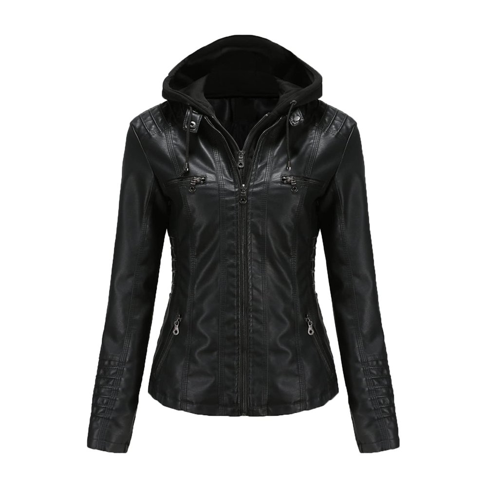 JEsilunmaMY Women's Leather Jacket with Removable Hooded Full Zip Long Sleeve Moto Biker Coat Plus Size Motorcycle Jackets (Black,7X-Large)