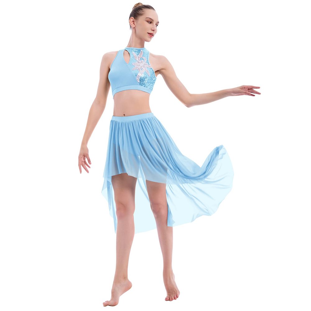Lyrical Dance Costumes for Women 2 Piece Adult Modern Contemporary Dancewear Sequin Cut Out Tank Crop Top High Low Mesh Tulle Flowy Leotard Skirt Ice Skating Ballroom Ballet Outfit Light Blue L