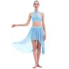 Lyrical Dance Costumes for Women 2 Piece Adult Modern Contemporary Dancewear Sequin Cut Out Tank Crop Top High Low Mesh Tulle Flowy Leotard Skirt Ice Skating Ballroom Ballet Outfit Light Blue L view 3