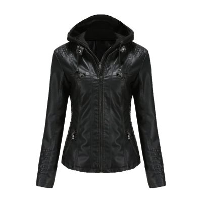 JEsilunmaMY Women's Leather Jacket with Removable Hooded Full Zip Long Sleeve Moto Biker Coat Plus Size Motorcycle Jackets (Black,3X-Large)