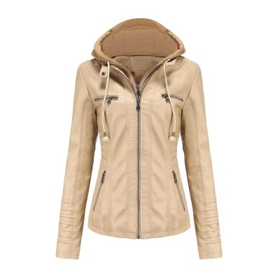 JEsilunmaMY Women's Leather Jacket with Removable Hooded Full Zip Long Sleeve Moto Biker Coat Plus Size Motorcycle Jackets (Apricot,7X-Large)
