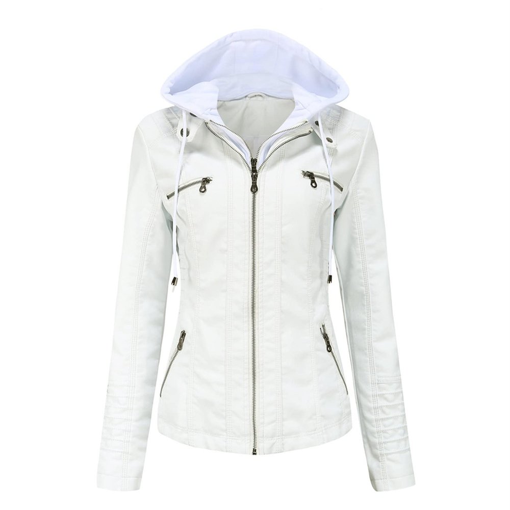 JEsilunmaMY Women's Leather Jacket with Removable Hooded Full Zip Long Sleeve Moto Biker Coat Plus Size Motorcycle Jackets (White,Medium)