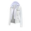 JEsilunmaMY Women's Leather Jacket with Removable Hooded Full Zip Long Sleeve Moto Biker Coat Plus Size Motorcycle Jackets (White,Medium) view 2