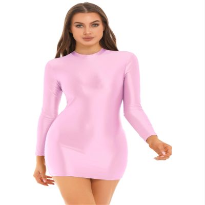 ACSUSS Women Sexy Oil Glossy Shiny Micro Mini Bodycon Dress Sexy Tight Pencil Dress Bandage Dress Pink Medium