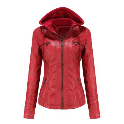 JEsilunmaMY Women's Leather Jacket with Removable Hooded Full Zip Long Sleeve Moto Biker Coat Plus Size Motorcycle Jackets (Red,X-Small)