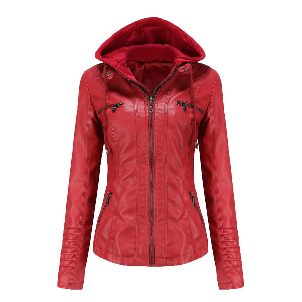 JEsilunmaMY Women's Leather Jacket with Removable Hooded Full Zip Long Sleeve Moto Biker Coat Plus Size Motorcycle Jackets (Red,X-Small)