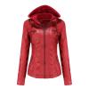 JEsilunmaMY Women's Leather Jacket with Removable Hooded Full Zip Long Sleeve Moto Biker Coat Plus Size Motorcycle Jackets (Red,X-Small) view 1