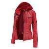 JEsilunmaMY Women's Leather Jacket with Removable Hooded Full Zip Long Sleeve Moto Biker Coat Plus Size Motorcycle Jackets (Red,X-Small) view 2