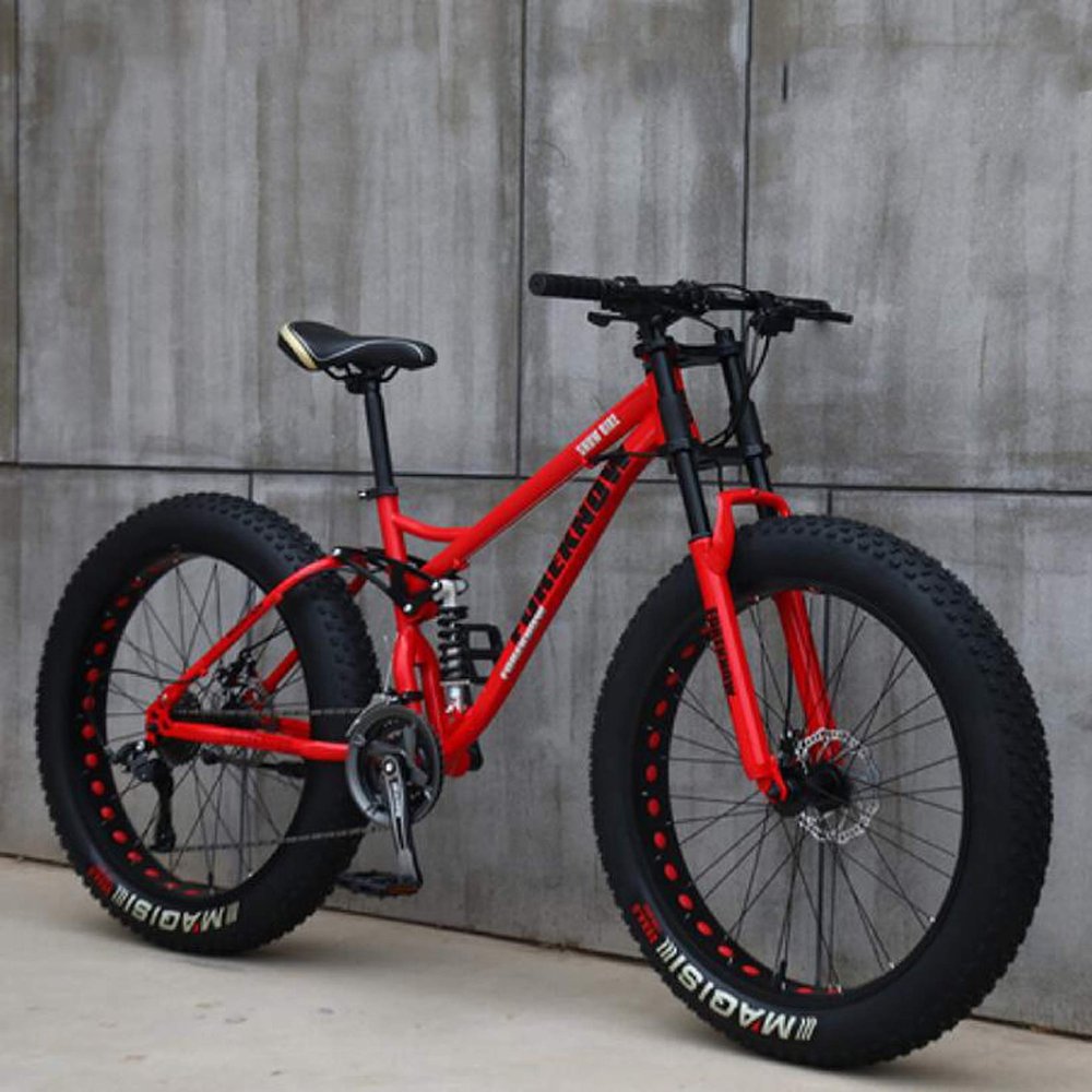 WLWLEO Mens Mountain Bike 26 Inch Full Suspension Mountain Bikes Bicycle, Soft Tail Dual Suspension Fat Tire Bike Double Disc Brake, Beach Snow All Terrain MTB,Red,26" 30 Speed