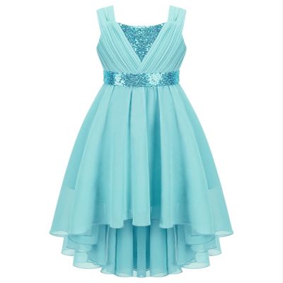 YONGHS Kids Flower Girl Dress A-Line High Low Hem Bridesmaid Dress Ruched Chiffon Wedding Evening Gown Turquoise 12 Years