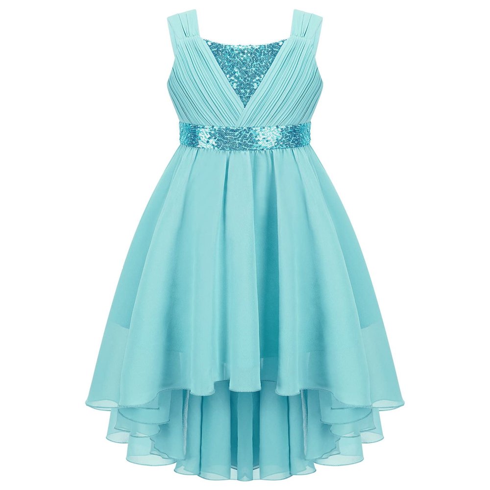 YONGHS Kids Flower Girl Dress A-Line High Low Hem Bridesmaid Dress Ruched Chiffon Wedding Evening Gown Turquoise 12 Years