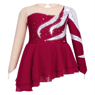 JanJean Girls Long Sleeves Asymmetrical Lyrical Ice Skating Dress Kids Shiny Rhinestones Mesh Ballet Dance Costume Red 16 Years