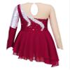 JanJean Girls Long Sleeves Asymmetrical Lyrical Ice Skating Dress Kids Shiny Rhinestones Mesh Ballet Dance Costume Red 16 Years view 2