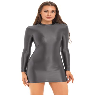 ACSUSS Women Sexy Oil Glossy Shiny Micro Mini Bodycon Dress Sexy Tight Pencil Dress Bandage Dress Dark_Gray Large