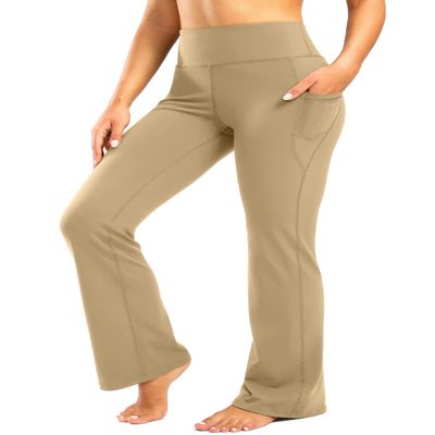 28"/30"/32"/34" Inseam Women's Bootcut Yoga Pants Long Bootleg High-Waisted Flare Pants with Pockets GRK002-dark_khaki32-S Dark Khaki