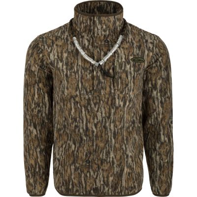 DRAKE WATERFOWL Men's MST Camp Fleece 1/4 Placket Hunting Anti-Pill Moisture Wicking Camo Pullover w/Magnattach Chest Pocket, Mossy Oak Bottomland, XX-Large