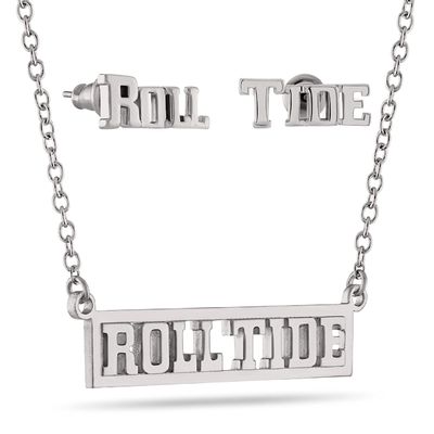 Alabama Roll Tide Jewelry Set - ROLL TIDE Stud Earrings and Matching Necklace - Hypoallergenic Stainless Steel Jewelry for Women - Alabama Roll Tide Football Accessories and Game Day Gifts