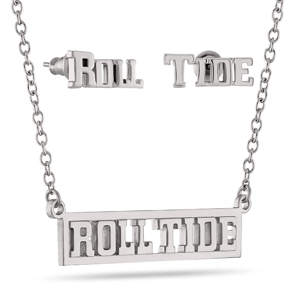 Alabama Roll Tide Jewelry Set - ROLL TIDE Stud Earrings and Matching Necklace - Hypoallergenic Stainless Steel Jewelry for Women - Alabama Roll Tide Football Accessories and Game Day Gifts