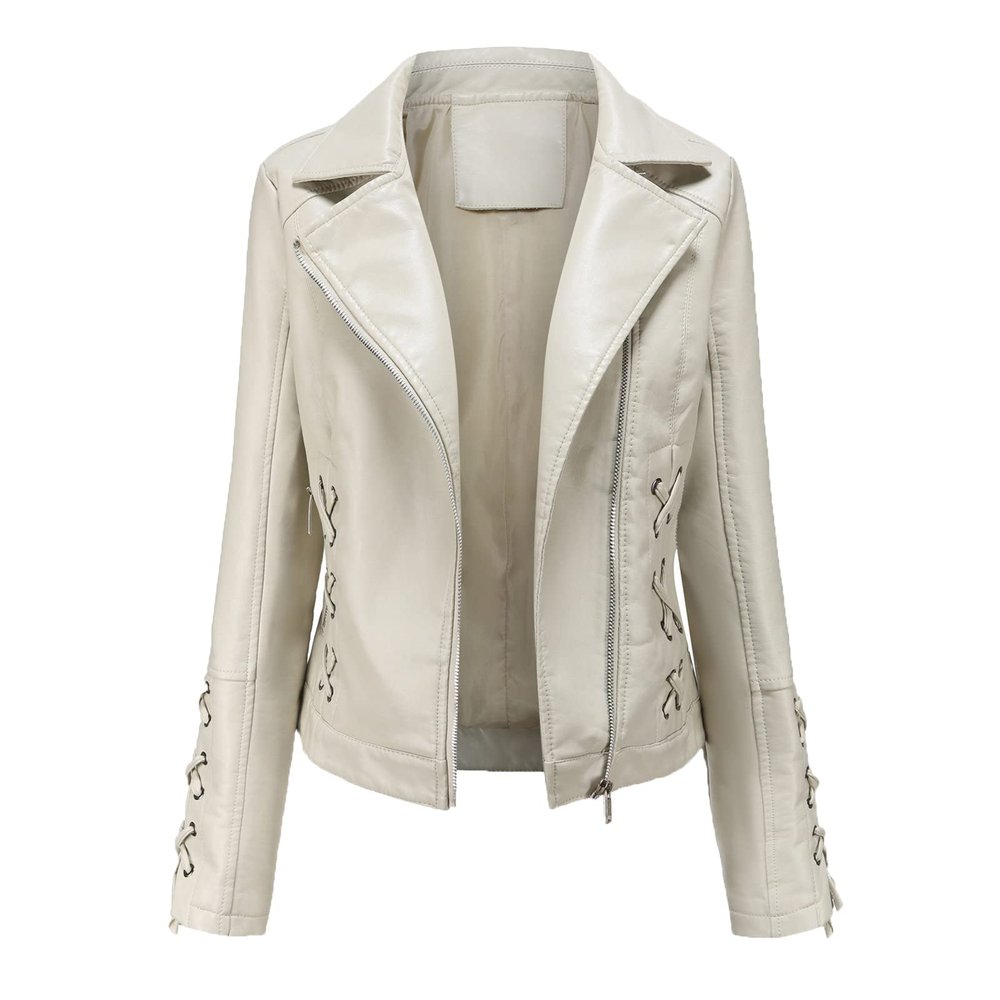 JEsilunmaMY Women's Woven Leather Jacket Long Sleeve Lapel Zip Up Strappy Motorcycle Coat Lightweight Stylish Moto Biker Coat (White,3X-Large)