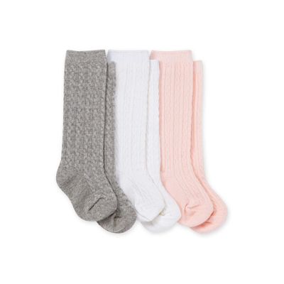 Burt's Bees Baby Baby Girls Socks Knee High Organic Cotton Cable Knit, Multicolor for Infant and Toddlers - 3 Pack Set