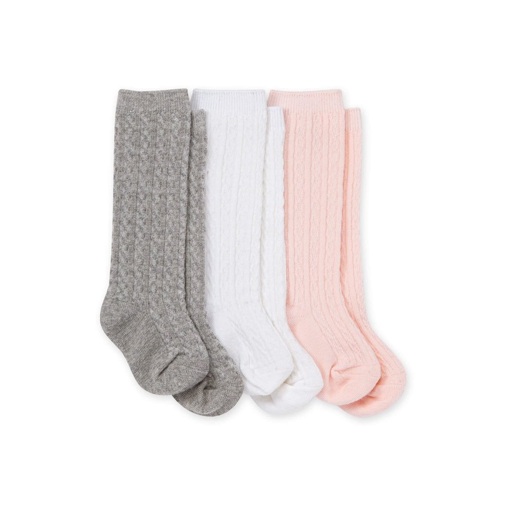 Burt's Bees Baby Baby Girls Socks Knee High Organic Cotton Cable Knit, Multicolor for Infant and Toddlers - 3 Pack Set
