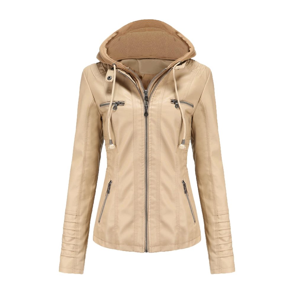 JEsilunmaMY Women's Leather Jacket with Removable Hooded Full Zip Long Sleeve Moto Biker Coat Plus Size Motorcycle Jackets (Apricot,Small)