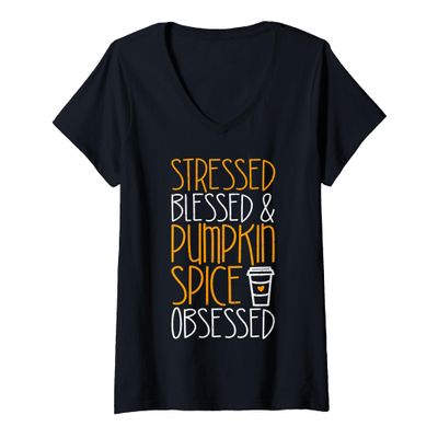 Womens Stressed Blessed And Pumpkin Spice Obsessed Shirt Adult Kids V-Neck T-Shirt