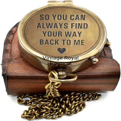 AASIYA Brass Chain Compass with Leather Case for Hiking and Camping - Engraved Pocket Compass - Vintage Navigation Tool