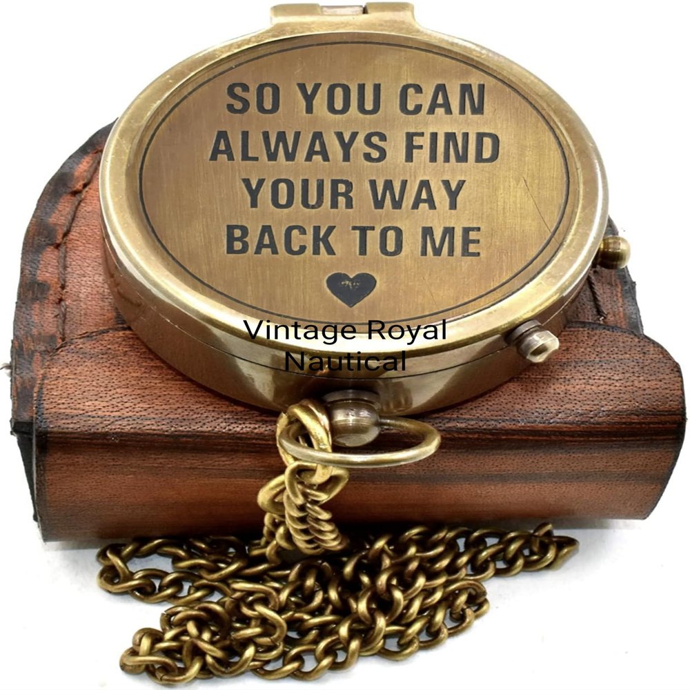 AASIYA Brass Chain Compass with Leather Case for Hiking and Camping - Engraved Pocket Compass - Vintage Navigation Tool