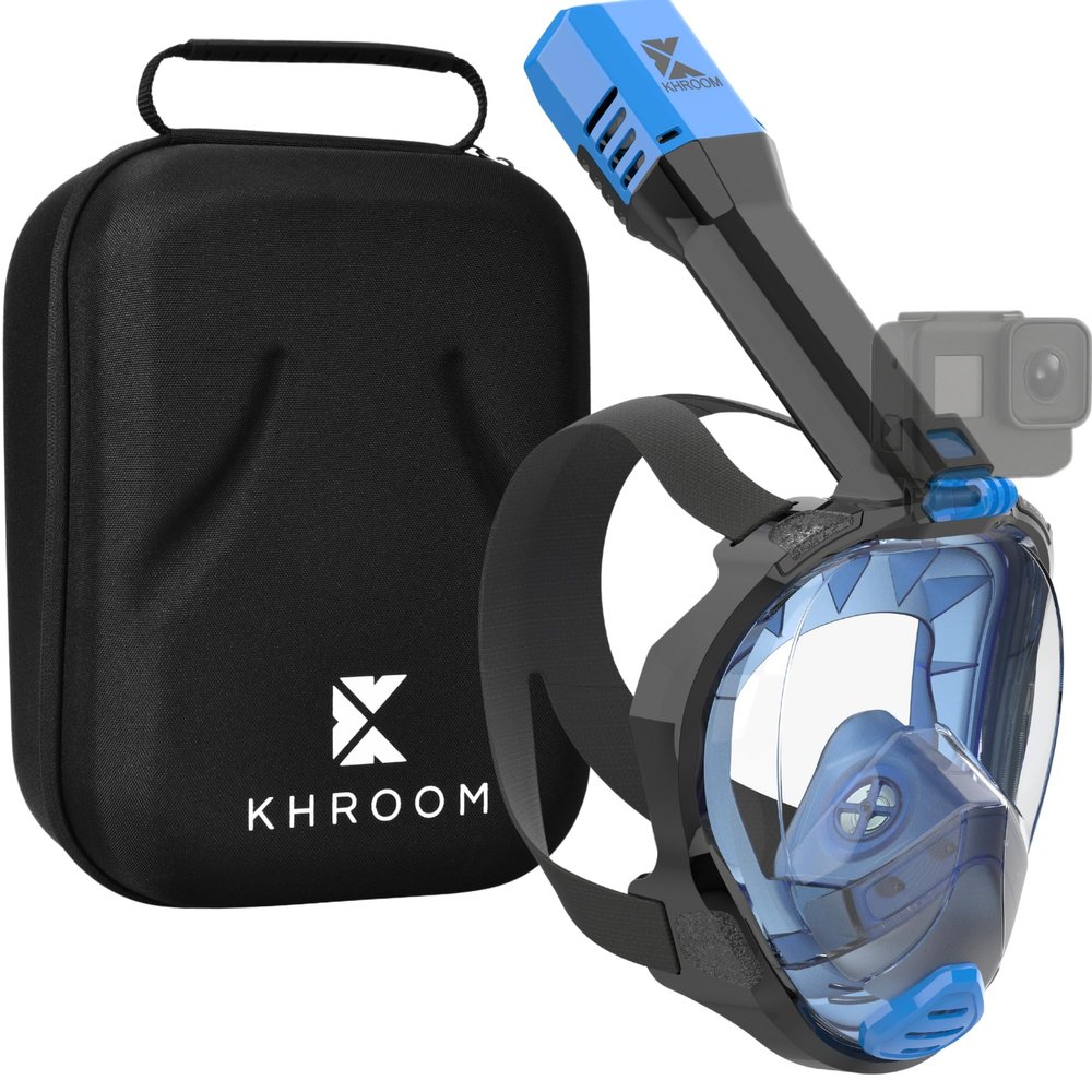 Khroom Full Face Snorkel Mask Adult | Snorkeling Gear for Adults | CO2-Safe Valve System | 3X Enlarged Tube for Easy Breathing | Scuba Mask | Diving Mask Snorkel Set (L/XL Blue+Soft-Case)