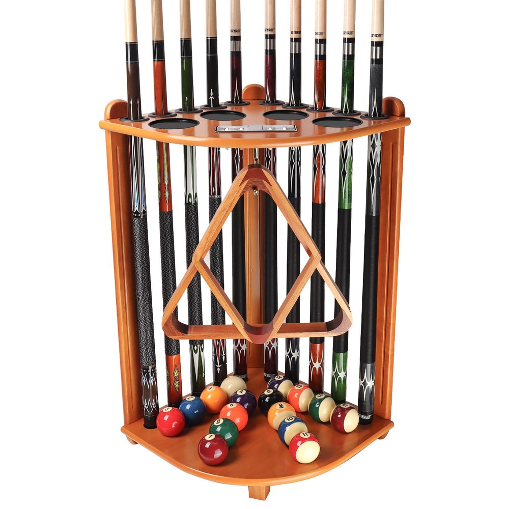 GSE Games & Sports Expert Billiards Pool Stick Holder Only, Corner-Style Floor Stand Pool Cue Racks with Score Counters, Holds 10 Cue Sticks, 2 Ball Racks and Full Set of Balls (Oak)