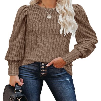 MIHOLL Long Puff Sleeve Shirt for Womens Trendy Casual Round Neck Sweater Fall Knit Tops Blouse(Khaki, Large)